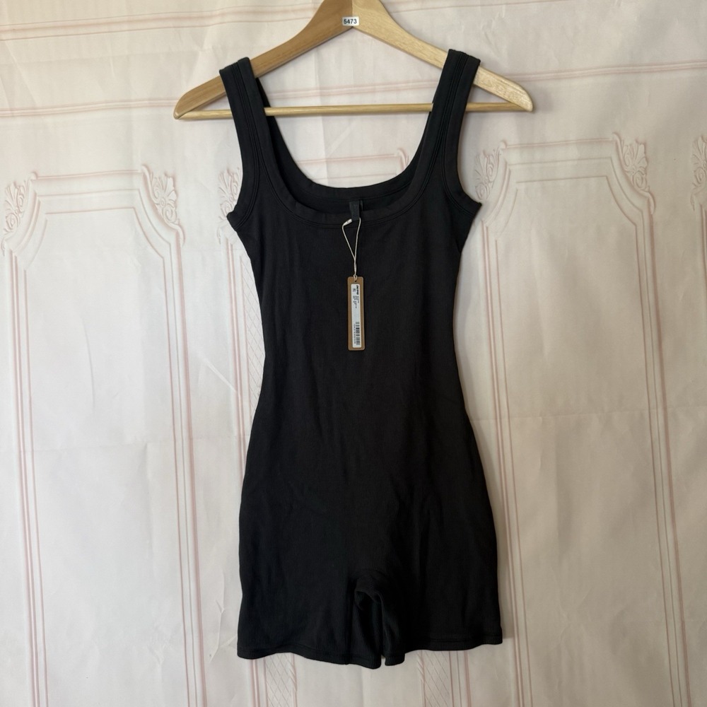 SKIMS Cotton Ribbed Romper Soot Black Size XS NWT